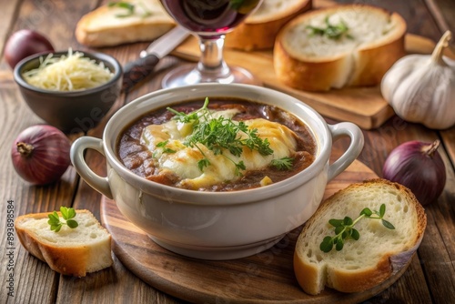 Classic French onion soup with melted cheese, served with fresh bread and a glass of red wine, set in a cozy, rustic kitchen.