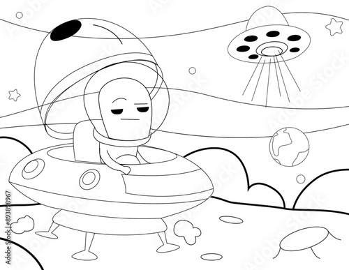Outer Space Aliens UFO Outline Coloring Page Vector Illustration