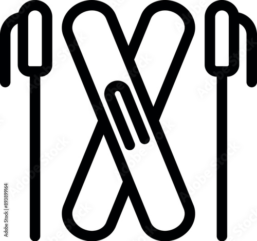 Simple black and white icon of two skis and two poles, representing skiing and winter sports