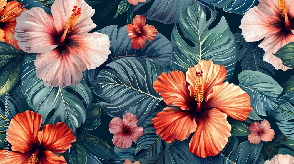 A vibrant and detailed illustration of tropical flowers and leaves, showcasing the beauty of nature. The image features a prominent hibiscus flower with a deep red center, surrounded by lush green fol A vibrant and detailed illustration of tropical flowers and leaves, showcasing the beauty of nature. The image features a prominent hibiscus flower with a deep red center, surrounded by lush green fol