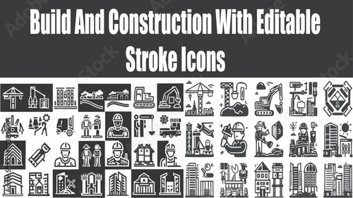 Build And Construction Containing Crane, Building, Land, Excavator, Maintenance, Vontractor, Worker, Architecture and More. Editable Outline Icons Vector Collection With Isolated Background