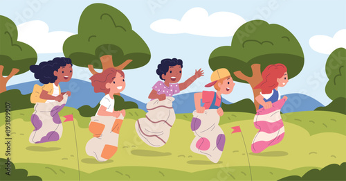 Kid sack race. Children competition jump in sacks, summer outdoor fun game happy young jumping boys and girls play outside indonesian independence day, classy vector illustration