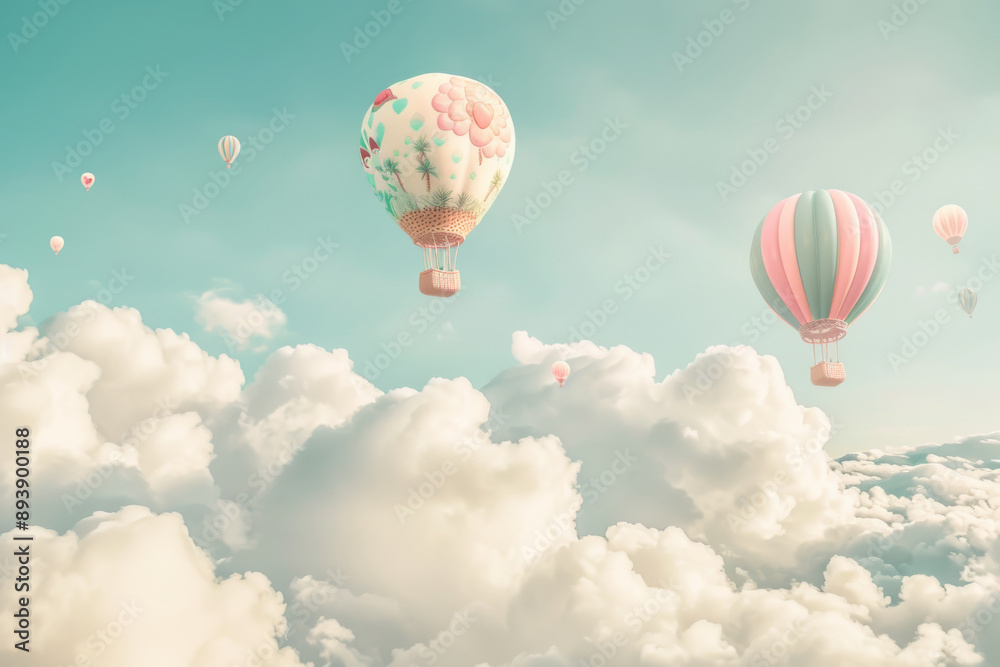 Fototapeta premium Hot air balloons lazily float above a sea of fluffy clouds, basking in warm sunlight and creating a picturesque and serene travel scene.
