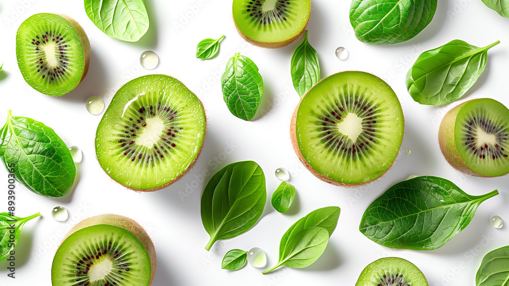 Fototapeta premium Kiwi with half slices falling floating in the air with green leaves isolated on white background, Fresh organic fruit with high vitamins and minerals