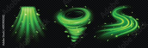 Green air flow set, Abstract wind swirls and wind wave. Freshness and mint leaves in the air. Realistic fresh breath and green shining sparkles isolated on transparent background, 3d vector i