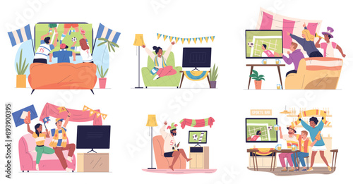 Soccer fans watch tv. Football fan characters teenager friends watching stadium world cup ball game on home television screen, sport supporter meeting classy vector illustration