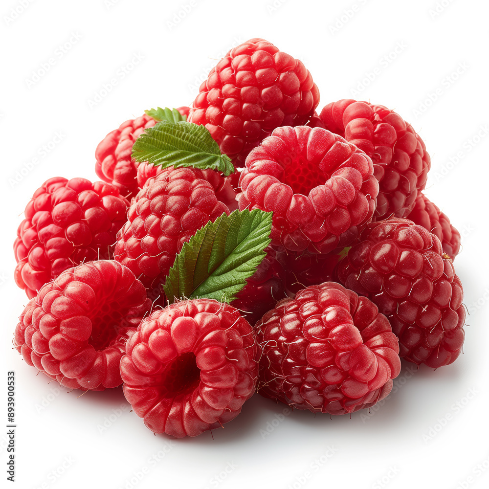 A bunch of red raspberries with green leaves. The raspberries are fresh and ripe, and the leaves add a touch of color and freshness to the image A bunch of red raspberries with green leaves. The raspberries are fresh and ripe, and the leaves add a touch of color and freshness to the image