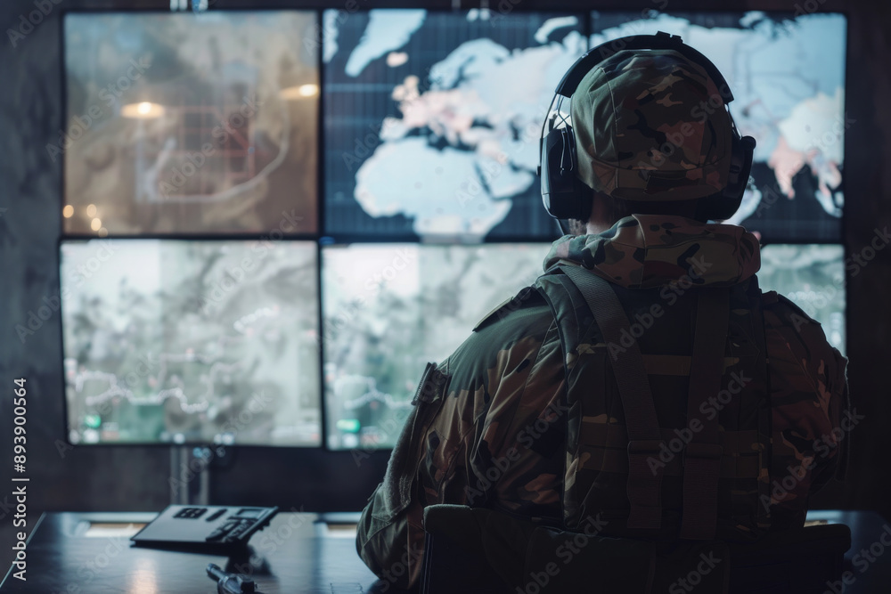 A soldier in a command center intensely focused on multiple displays showing maps and data, strategizing for an imminent operation. A soldier in a command center intensely focused on multiple displays showing maps and data, strategizing for an imminent operation.