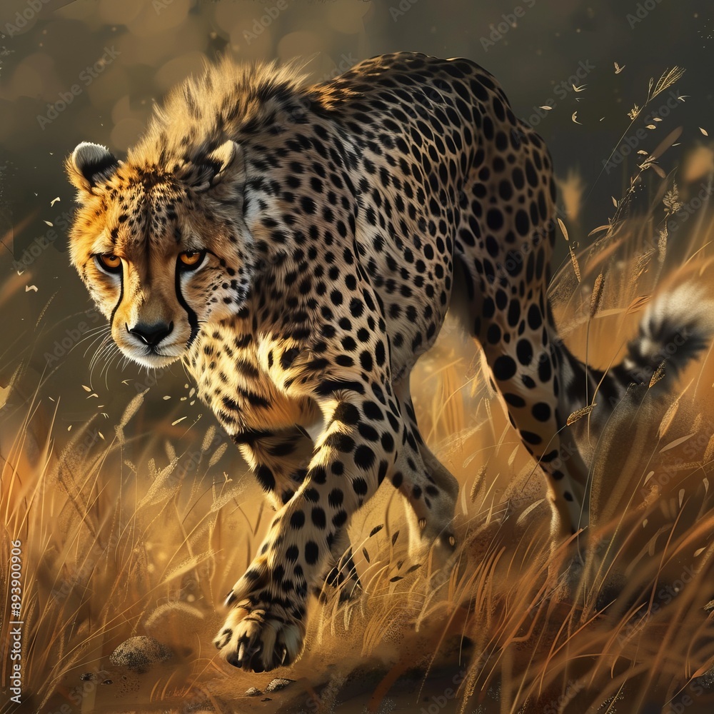 Naklejka premium A cheetah prowling through the dry grassland at dusk, capturing the animal's intense focus and predatory grace. The golden light enhances the dramatic scene.