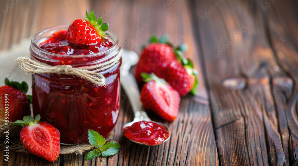Strawberry jam in a glass jar with some fresh strawberry Strawberry jam in a glass jar with some fresh strawberry