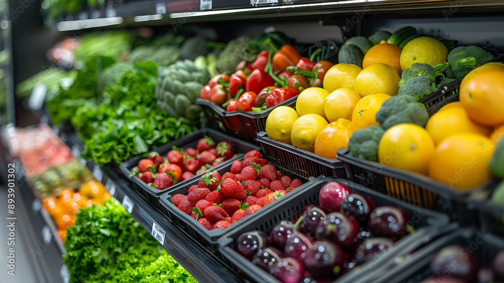 A grocery store with a large selection of fruits and vegetables. The produce is fresh and colorful, and the store is well-stocked A grocery store with a large selection of fruits and vegetables. The produce is fresh and colorful, and the store is well-stocked