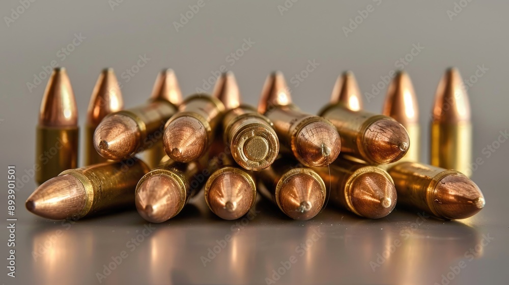 Close up of 7 62 caliber Kalashnikov bullets on gray background Close up of 7 62 caliber Kalashnikov bullets on gray background
