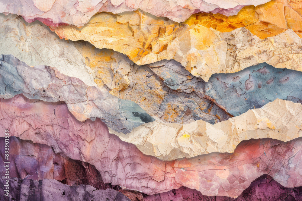 Naklejka premium Abstract layered rock formations displaying vibrant colors and textures, resembling a natural art piece.