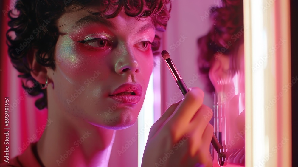 Obraz premium A young man with short, curly hair is applying makeup in front of a mirror with pink neon lights. He is holding a makeup brush in his right hand and looking intently at his reflection. He is wearing a
