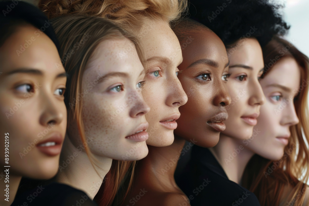 A diverse group of six women standing side by side, showcasing a spectrum of natural beauty and seamless unity. A diverse group of six women standing side by side, showcasing a spectrum of natural beauty and seamless unity.