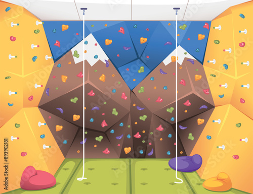 Indoor climbing park. Child bouldering gym with rock climbing cliff wall grips mats and ropes, kids sport climb workout game area playground cartoon room classy vector illustration