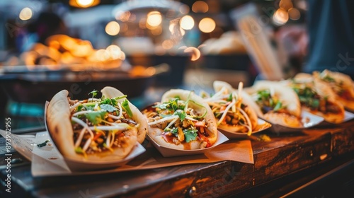 Asian street food served on white plates with brown oiled paper on dark tables