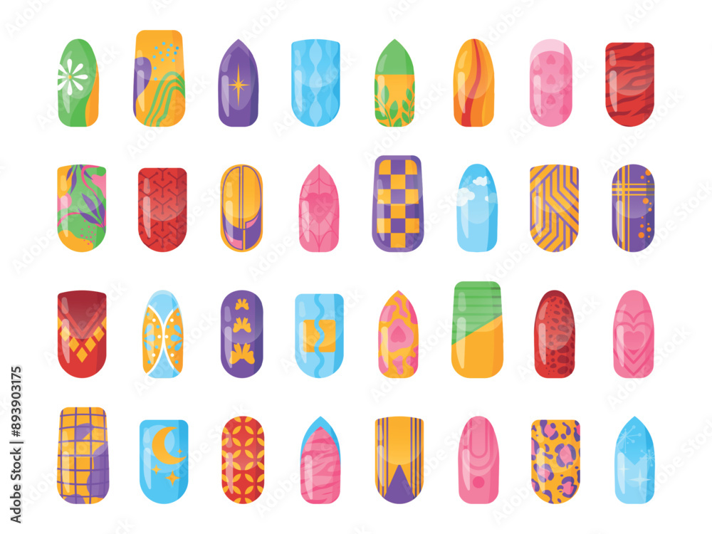 Nail manicure print. Trendy fake Nails Art Designs, Colorful Stylish Manicure pedicure glamour personal manicured fingernails ornament Beauty Fashion set swanky Vector Illustration Nail manicure print. Trendy fake Nails Art Designs, Colorful Stylish Manicure pedicure glamour personal manicured fingernails ornament Beauty Fashion set swanky Vector Illustration