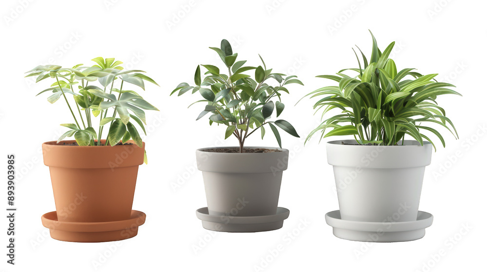 Fototapeta premium Collection Of Mixed Plant Pots Black White And Grey For Indoor Gardens And Brochures isolated on transparent background. Generative ai