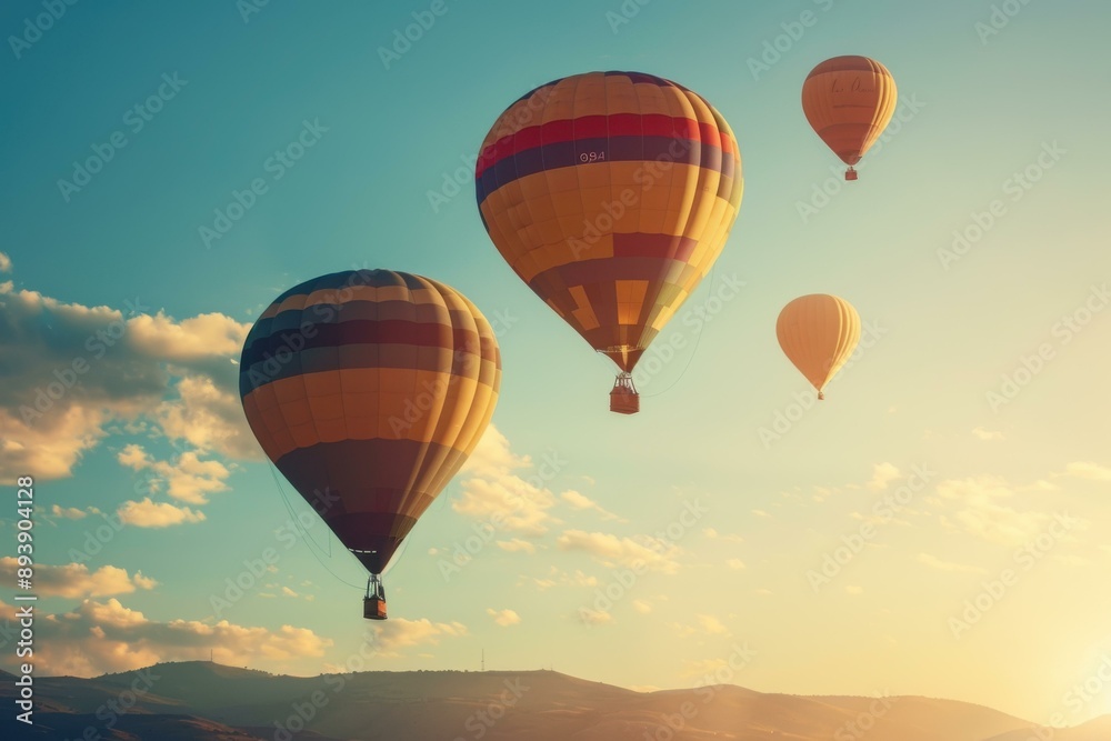 Fototapeta premium Hot Air Balloons Soaring Over Mountains.