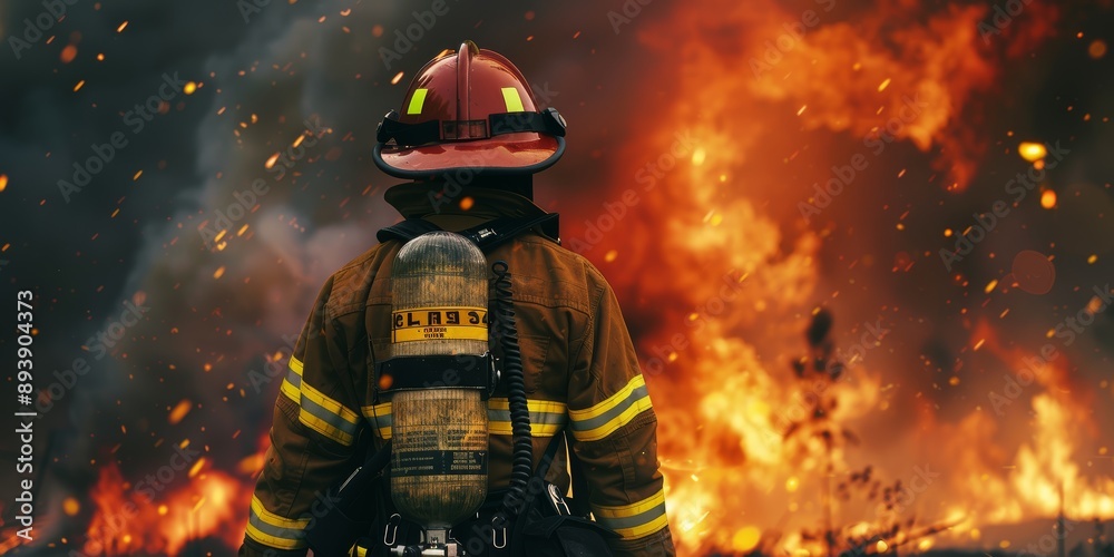 back view of firefighter looking at fire back view of firefighter looking at fire