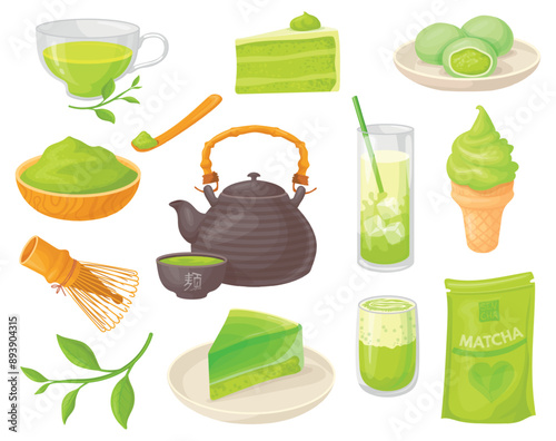 Cartoon matcha tea. Japanese herbal green tea ceremony, hot beverage mug powder spoon herb leaves pie organic ingredient oriental japan chinese tradition, neat vector illustration