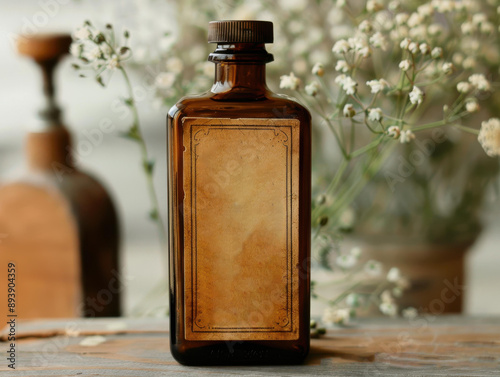 Vintage Glass Bottle with Herbal Label.