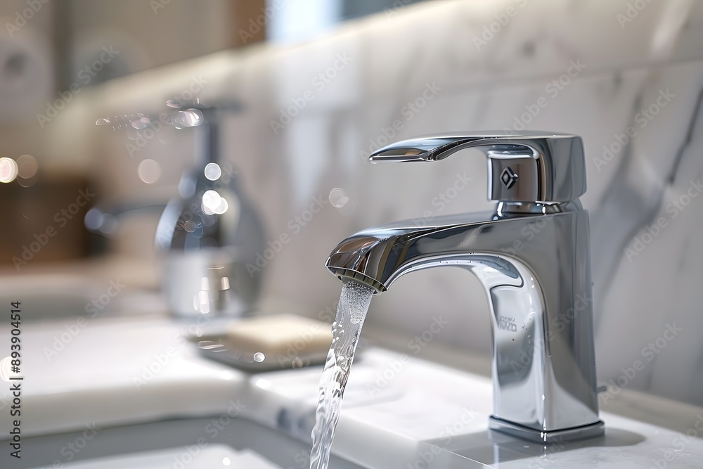 Modern Chrome Faucet with Flowing Water in a Stylish Bathroom Setting Modern Chrome Faucet with Flowing Water in a Stylish Bathroom Setting
