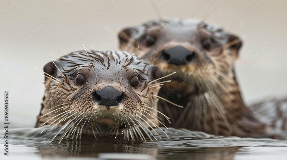 Curious otters poke their heads above the water surface, showcasing ...