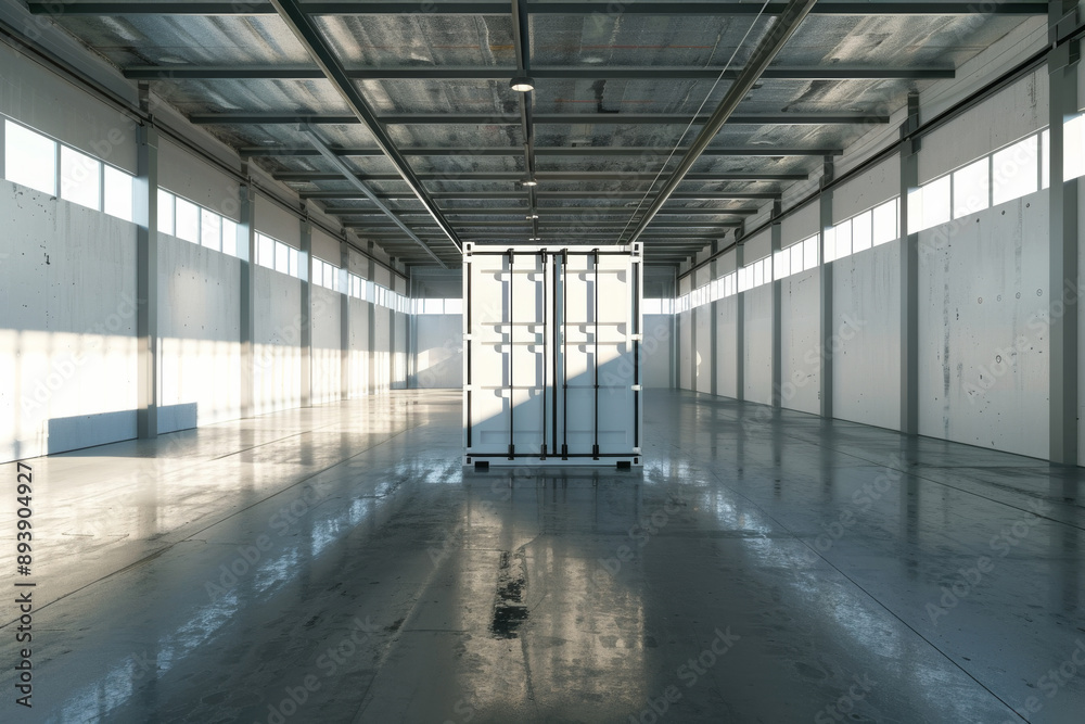 A solitary white container is positioned in an expansive, empty warehouse with tall ceilings, invoking themes of isolation and vastness. A solitary white container is positioned in an expansive, empty warehouse with tall ceilings, invoking themes of isolation and vastness.