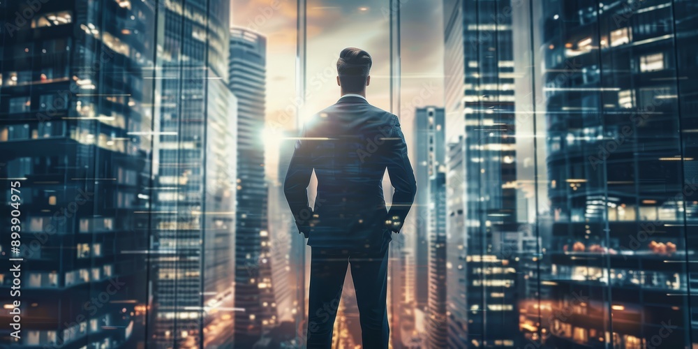 back of businessman in suit with business office glass modern buildings background for economic market stock investment, financial freedom portfolio or company profit and strategy growth IPO banner back of businessman in suit with business office glass modern buildings background for economic market stock investment, financial freedom portfolio or company profit and strategy growth IPO banner