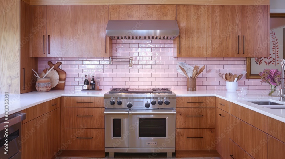 A modern kitchen with a stainless steel range and a pink tile backsplash