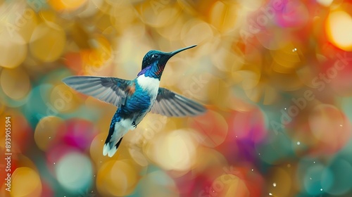 A beautifully detailed hummingbird in mid-flight, set against an abstract, colorful bokeh background, capturing the essence of nature's beauty and grace in vibrant hues. photo