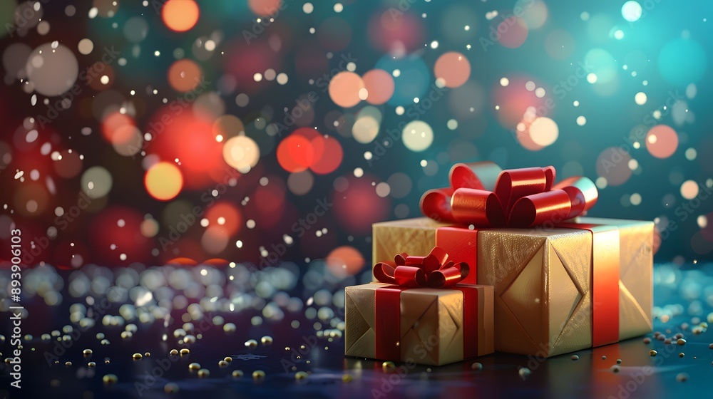 A festive display of beautifully wrapped gold and red gift boxes against a vibrant, bokeh-lit background creates a warm holiday atmosphere. A festive display of beautifully wrapped gold and red gift boxes against a vibrant, bokeh-lit background creates a warm holiday atmosphere.