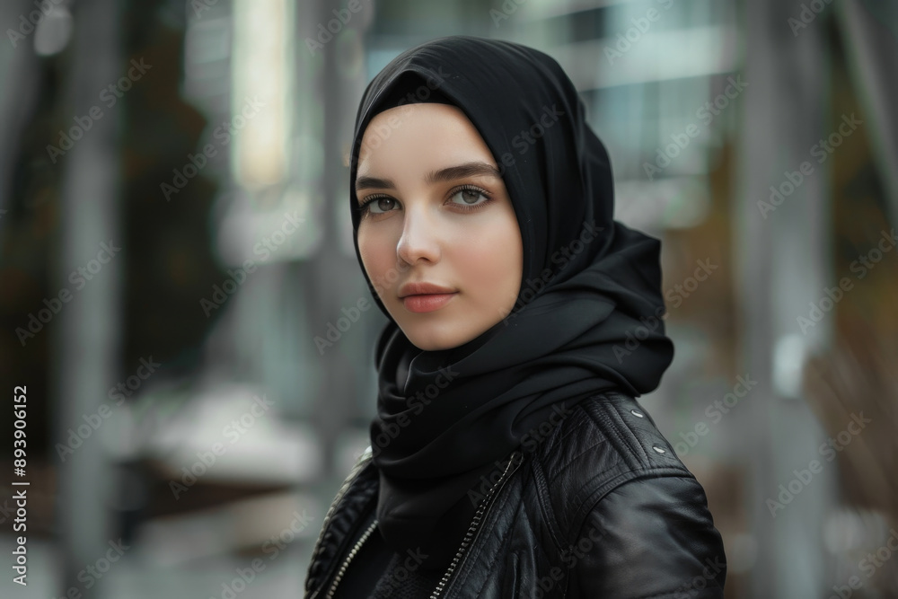 A young woman in a black hijab and leather jacket poses confidently outdoors with a blurred cityscape in the background.