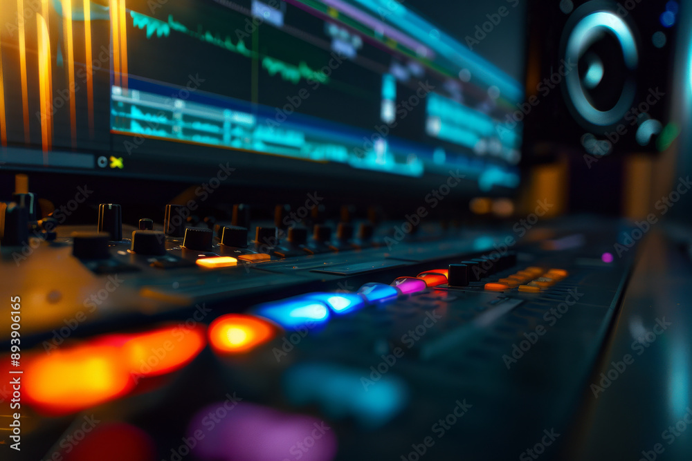A close-up of a vibrant audio mixing console with multicolored lights, emphasizing the dynamic environment of a recording studio. A close-up of a vibrant audio mixing console with multicolored lights, emphasizing the dynamic environment of a recording studio.