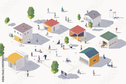 Abstract village scene with tiny houses, people, and trees on a white background, creating a playful, minimalist diorama feel.