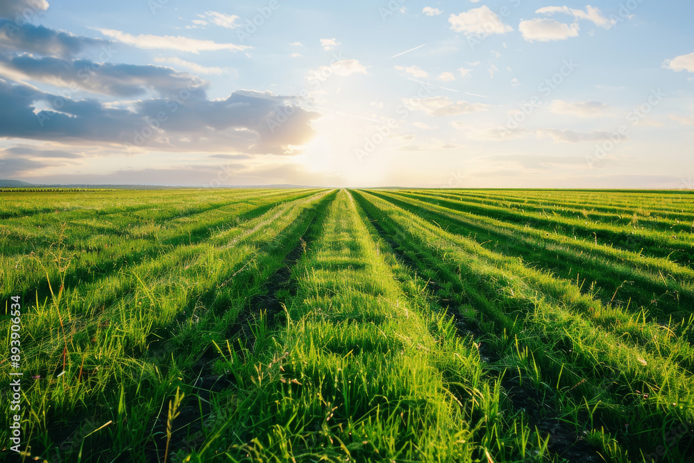 Fototapeta premium Rows of green crops stretch towards a brightening horizon under a sky dotted with soft clouds, painting a picture of agricultural vitality and promise.