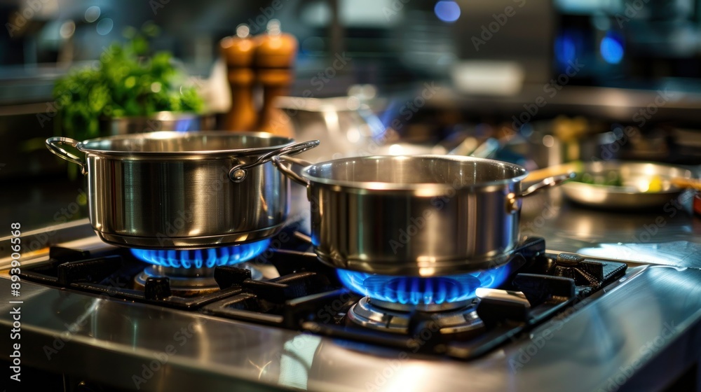 Two stainless steel pots on a gas stovetop with blue flames Two stainless steel pots on a gas stovetop with blue flames