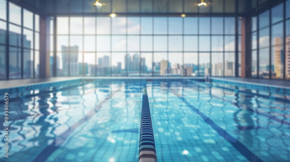 Obraz premium Close-up View Of Olympic Swimming Pool With Cityscape Through The Window stock photo 