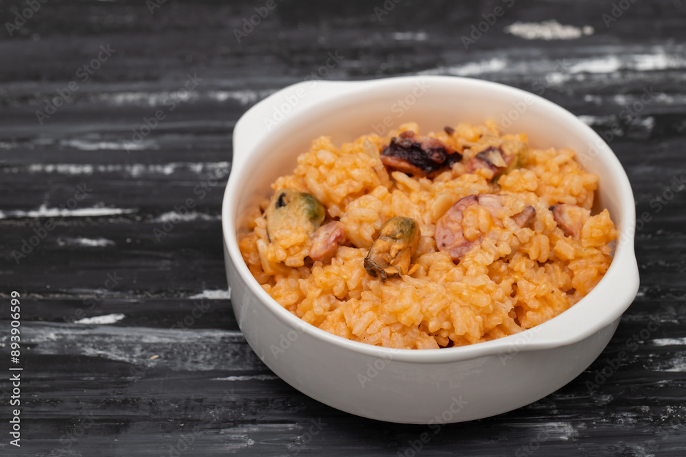 traditional portuguese dish rice with seafood in white dish traditional portuguese dish rice with seafood in white dish