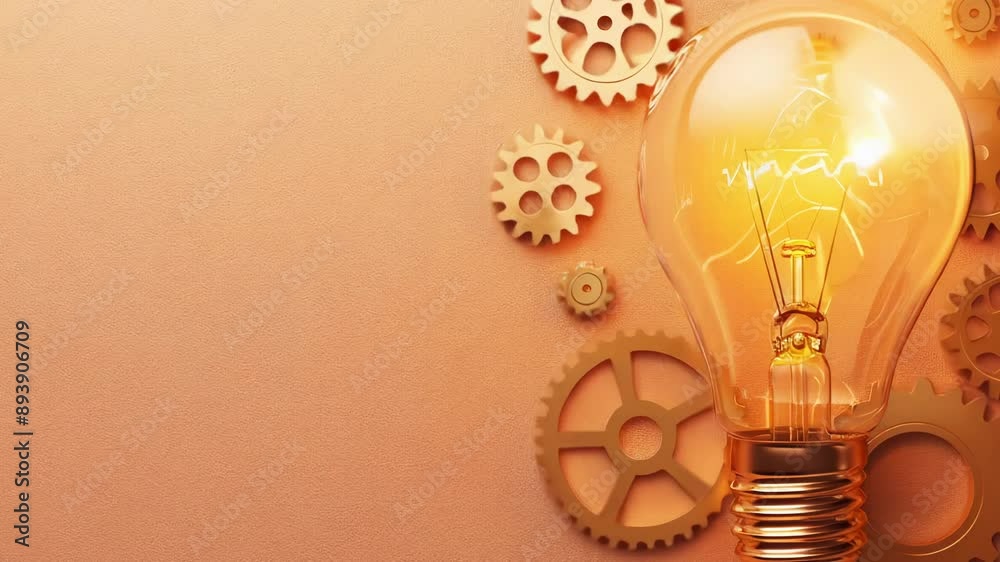 Close-up of a glowing light bulb with spinning gears, symbolizing innovation, creativity, and mechanical inspiration