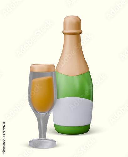 Realistic champagne bottle and glass. Sparkling wine for holiday