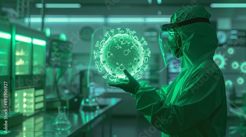 Virus scientist studies virus in VR goggles. Scientific research on vaccination. Technology based on stock. Increasing magnification. Illustration. © Avve Diana