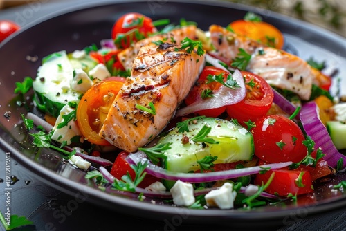 Greek salad with grilled salmon fish. Traditional mediterranean cuisine. Healthy food, diet - generative ai