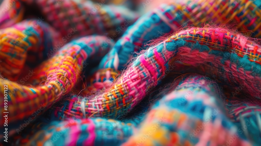 Macro view of vibrant patterned fabric with long fibers. Synthetic or natural fluffy plaid. Cozy home textile. Macro view of vibrant patterned fabric with long fibers. Synthetic or natural fluffy plaid. Cozy home textile.