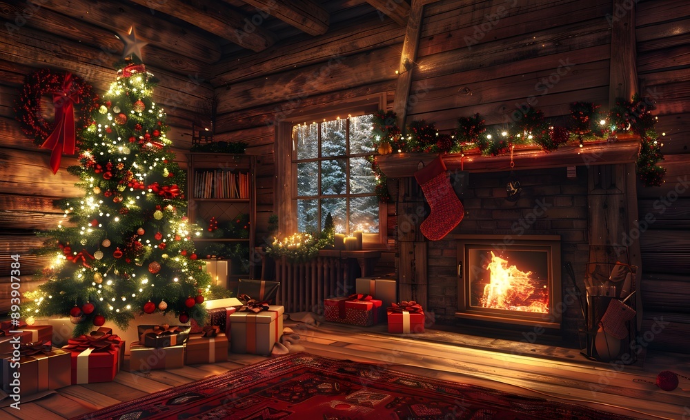 A cozy, festive living room decorated for Christmas, featuring a beautifully illuminated tree, a crackling fireplace, and wrapped gifts, set against a rustic wooden cabin backdrop. A cozy, festive living room decorated for Christmas, featuring a beautifully illuminated tree, a crackling fireplace, and wrapped gifts, set against a rustic wooden cabin backdrop.