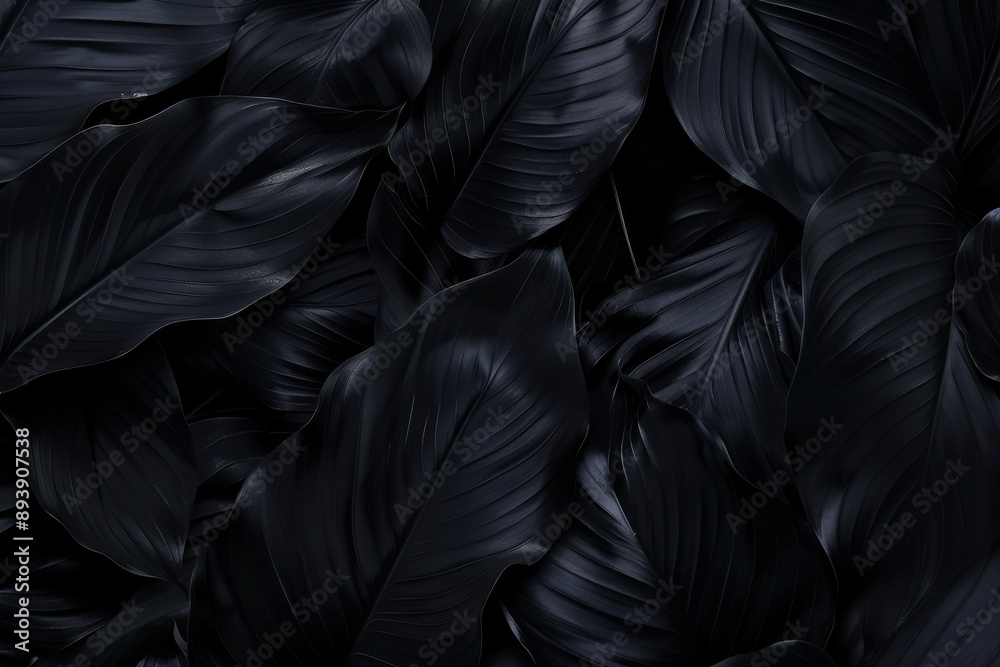 A captivating close-up of glossy, black leaves, overlapping and creating a deep, mysterious texture and tone. A captivating close-up of glossy, black leaves, overlapping and creating a deep, mysterious texture and tone.