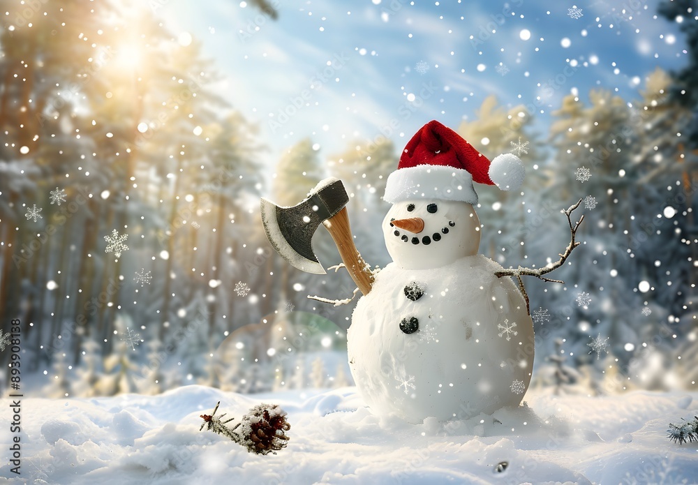 A cheerful snowman wearing a red Santa hat holds an axe amidst a snowy landscape, creating a whimsical winter scene. A cheerful snowman wearing a red Santa hat holds an axe amidst a snowy landscape, creating a whimsical winter scene.