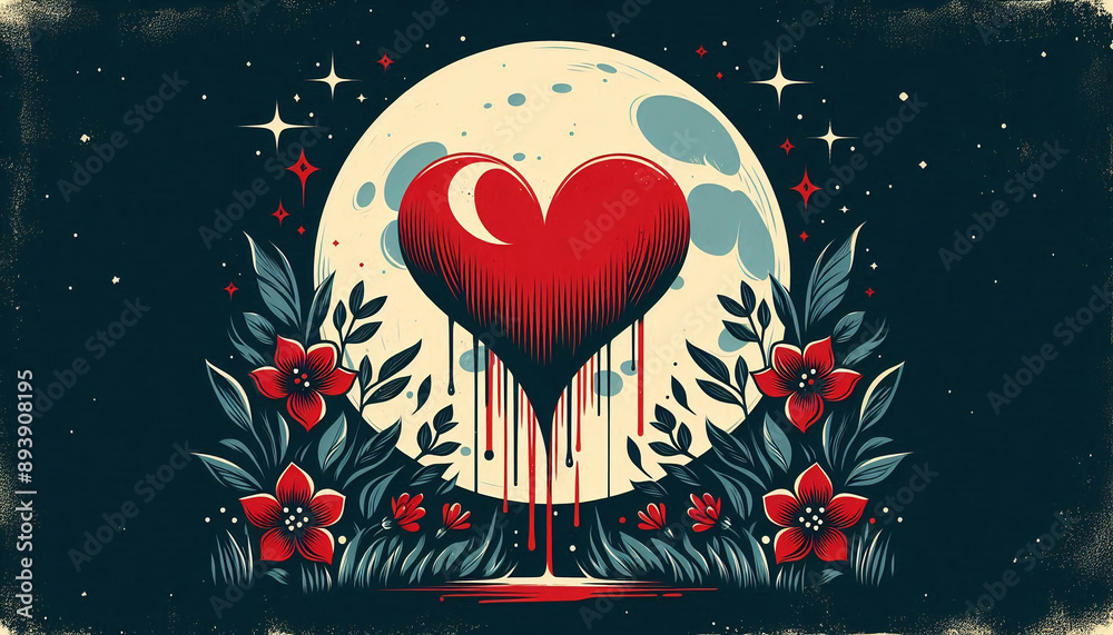 Evocative illustration featuring a stylized heart against a moon backdrop with flowers and dripping red accents Evocative illustration featuring a stylized heart against a moon backdrop with flowers and dripping red accents